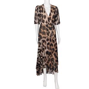 GANNI Leopard Print Mesh Wrap Asymmetrical Dress Size XS